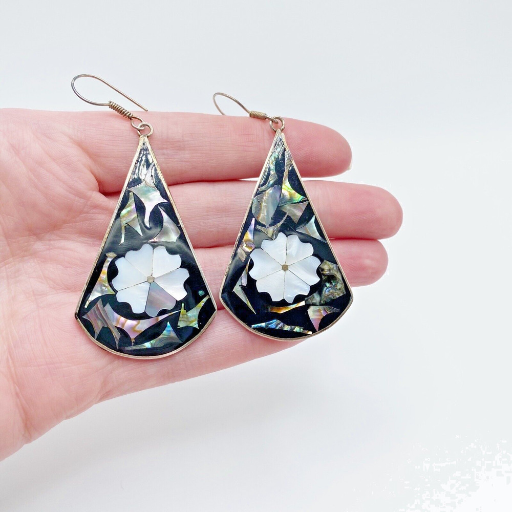 Vintage Alpaca Mexico Silver Abalone Mother of Pearl Large Dangle Earrings 3" - Picture 6 of 7